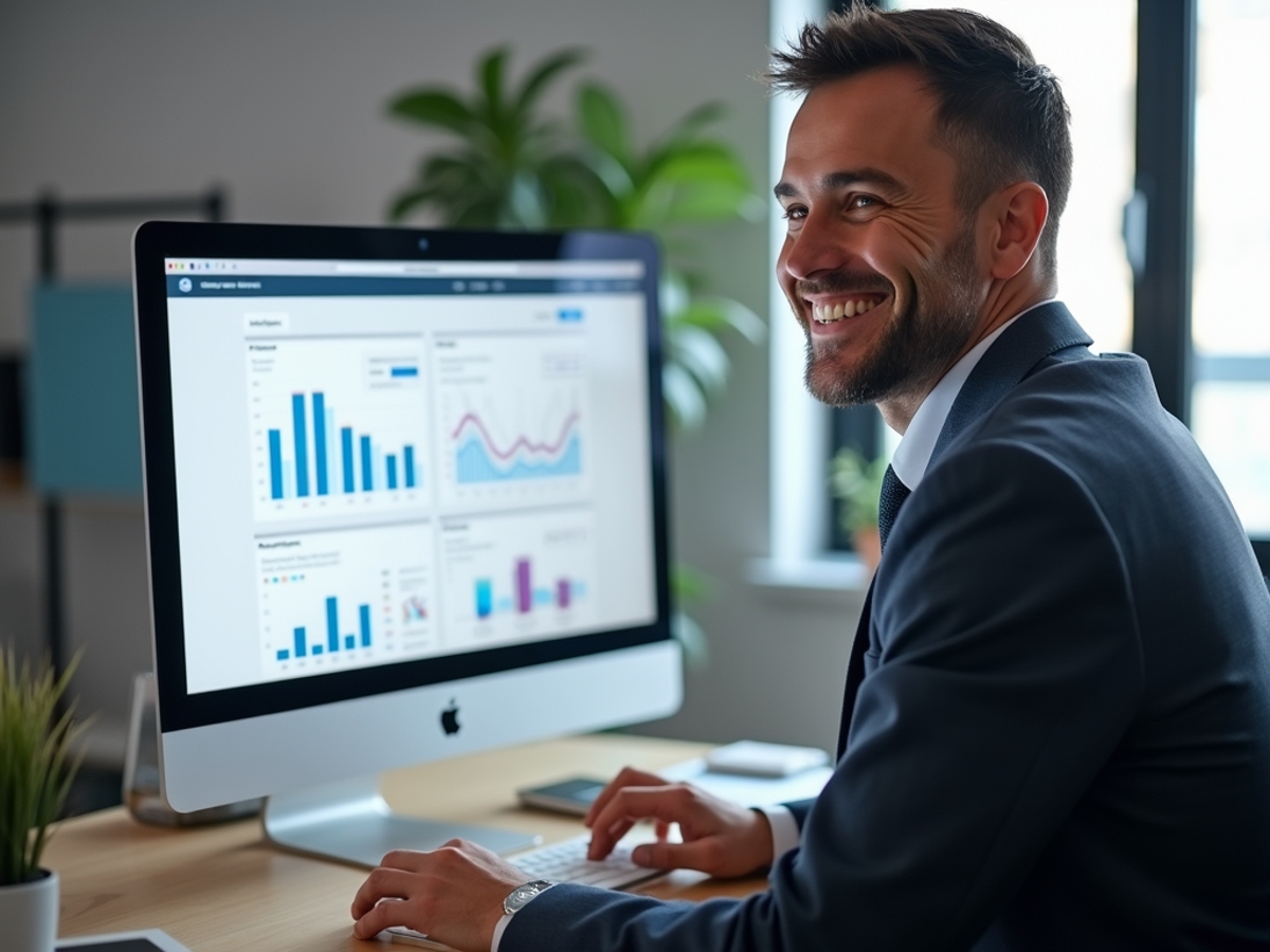 satisfied business owner looking at business statistics on a computer screen