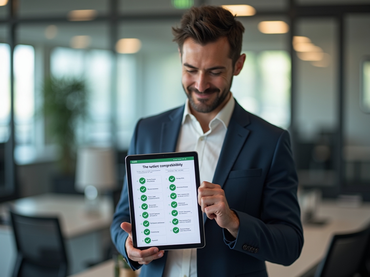 satisfied business owner showing results on a tablet