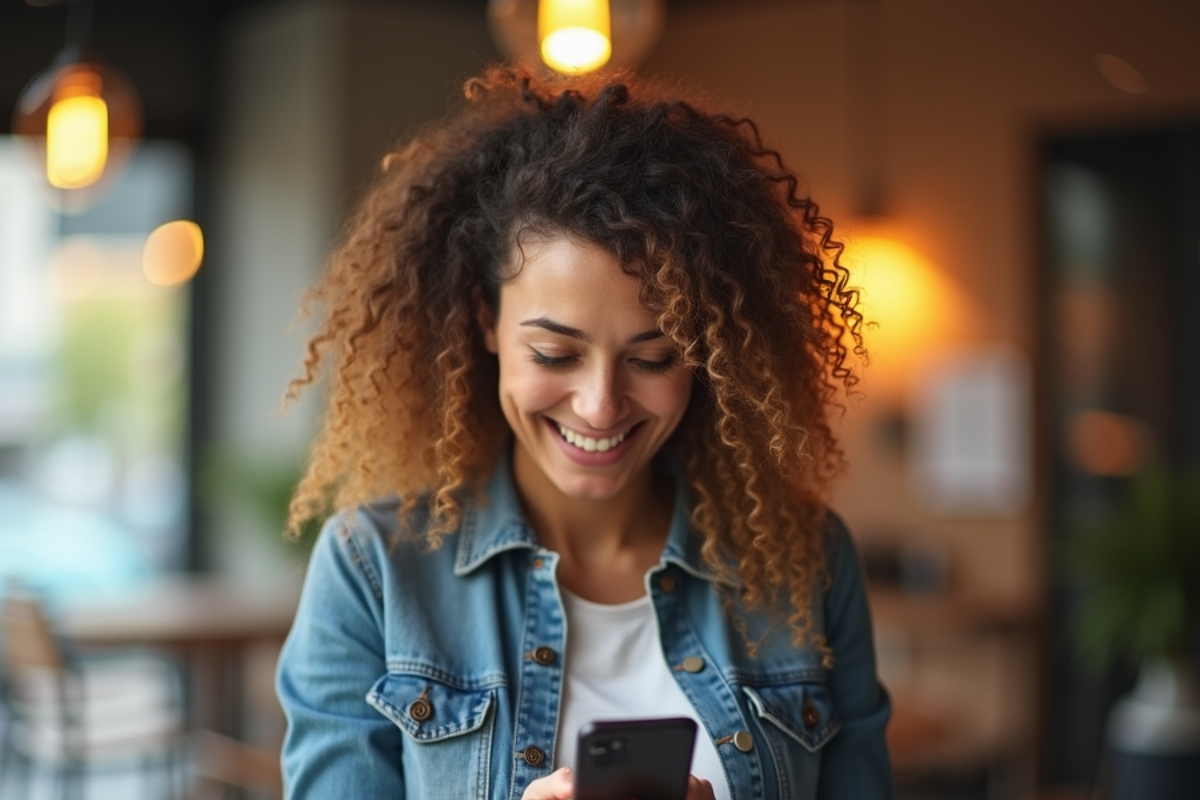 happy customer looking at information on a phone
