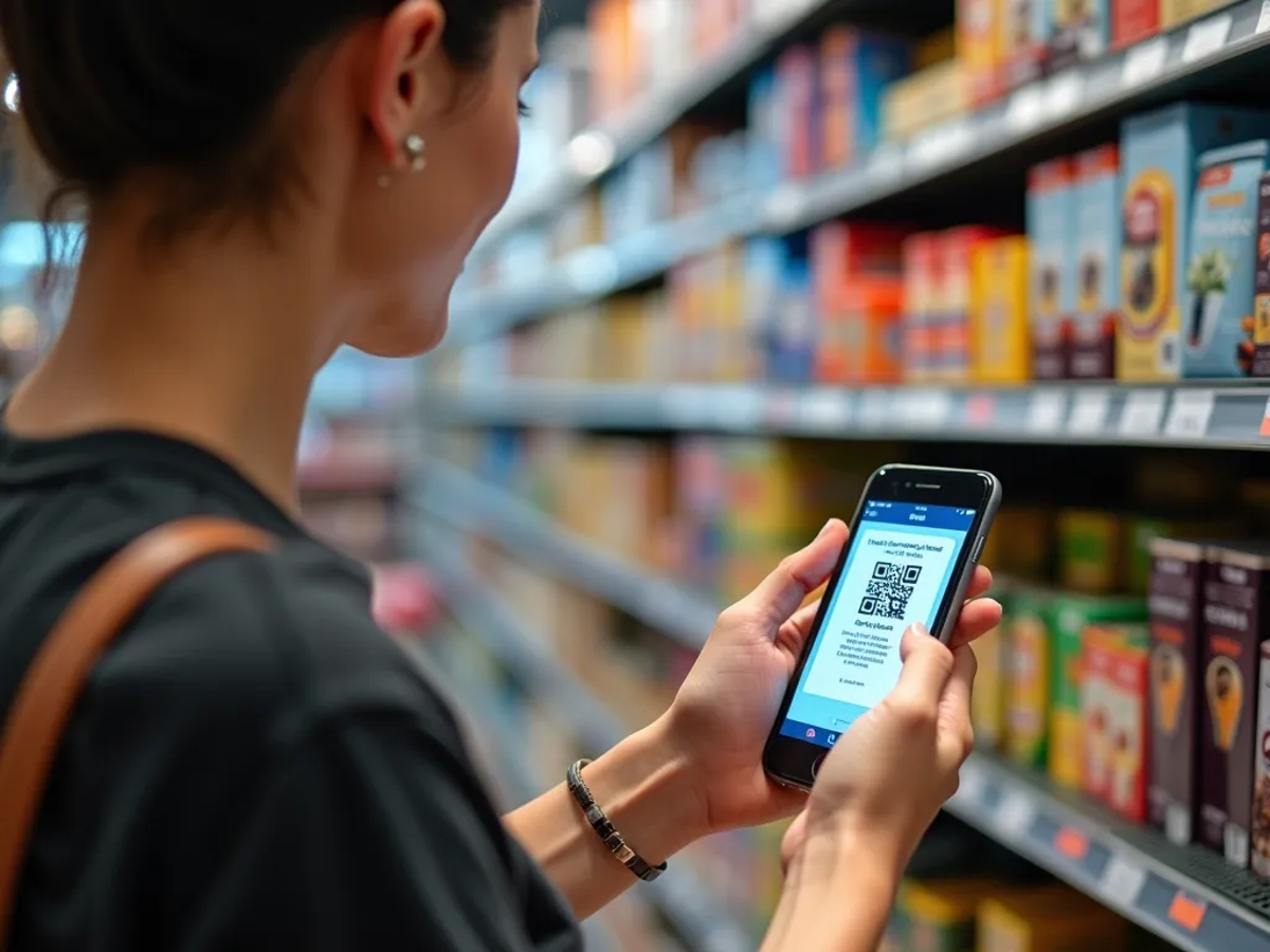 A retail environment where customers are scanning products with their smartphones, accessing a digital experience powered by GS1 Digital Link, in contrast to traditional barcode scanning at checkout
