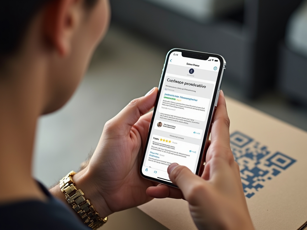 A customer using a smartphone to scan a QR code on a product, with the screen displaying detailed product information, including descriptions and user reviews.