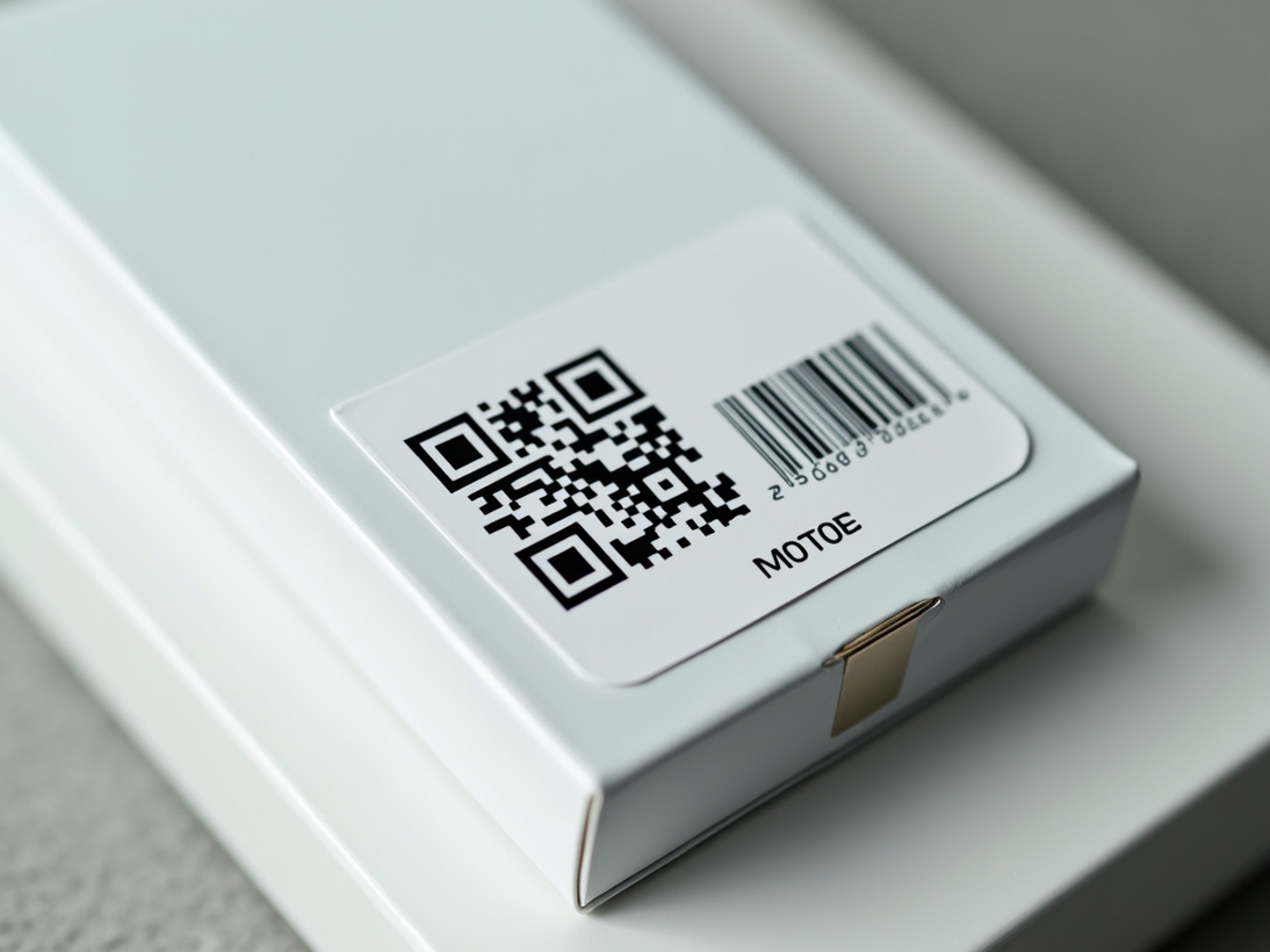 A graphic showing a traditional barcode and a QR code on a product, connected to digital information through a single, unified link
