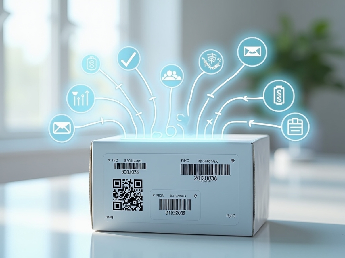 A visual of a digital link seamlessly integrating with existing barcodes and QR codes on a product, with arrows pointing towards various digital endpoints (like inventory management and customer engagement systems)